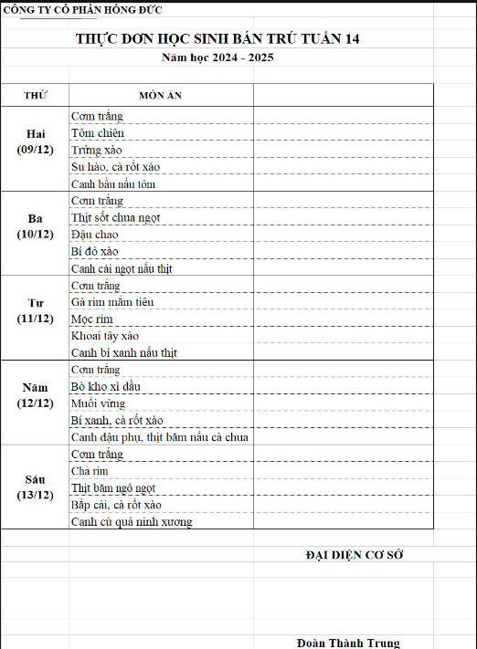 Thực đơn bán trú học sinh tuần 14 năm học 2024-2025