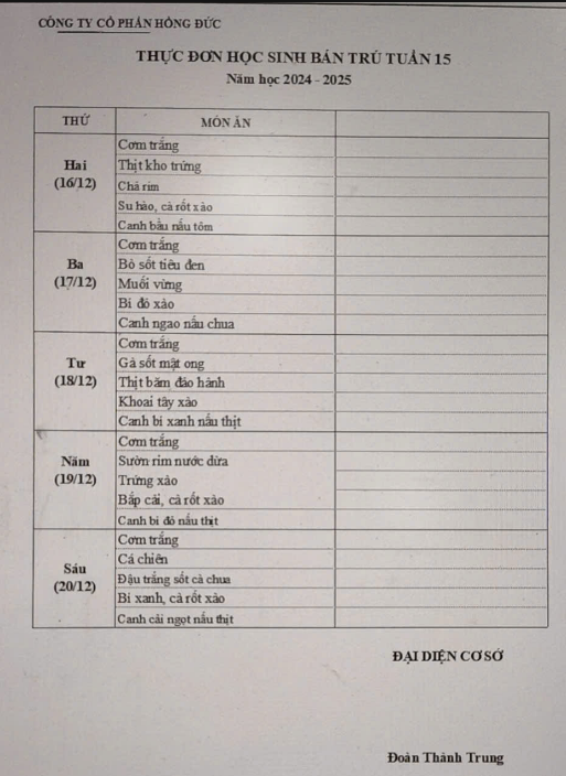 Thực đơn bán trú học sinh tuần 15 năm học 2024-2025