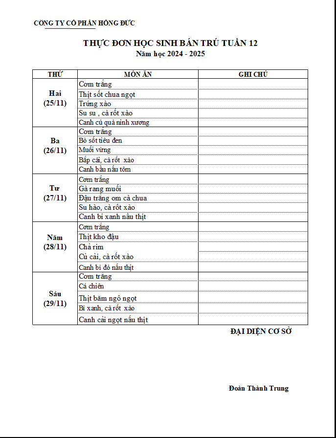 Thực đơn suất ăn bán trú học sinh tuần 12 năm học 2024-2025