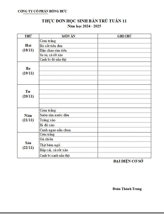Thực đơn suất ăn bán trú học sinh tuần 11 năm học 2024-2025