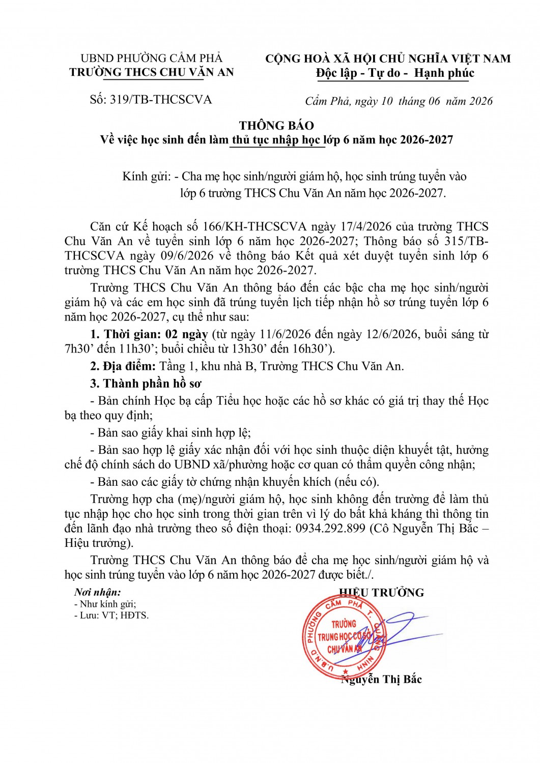 319 2026 thong bao ve viec nop ho so nhap hoc cua hoc sinh lop 6 nam hoc 2026 2027 signed signed